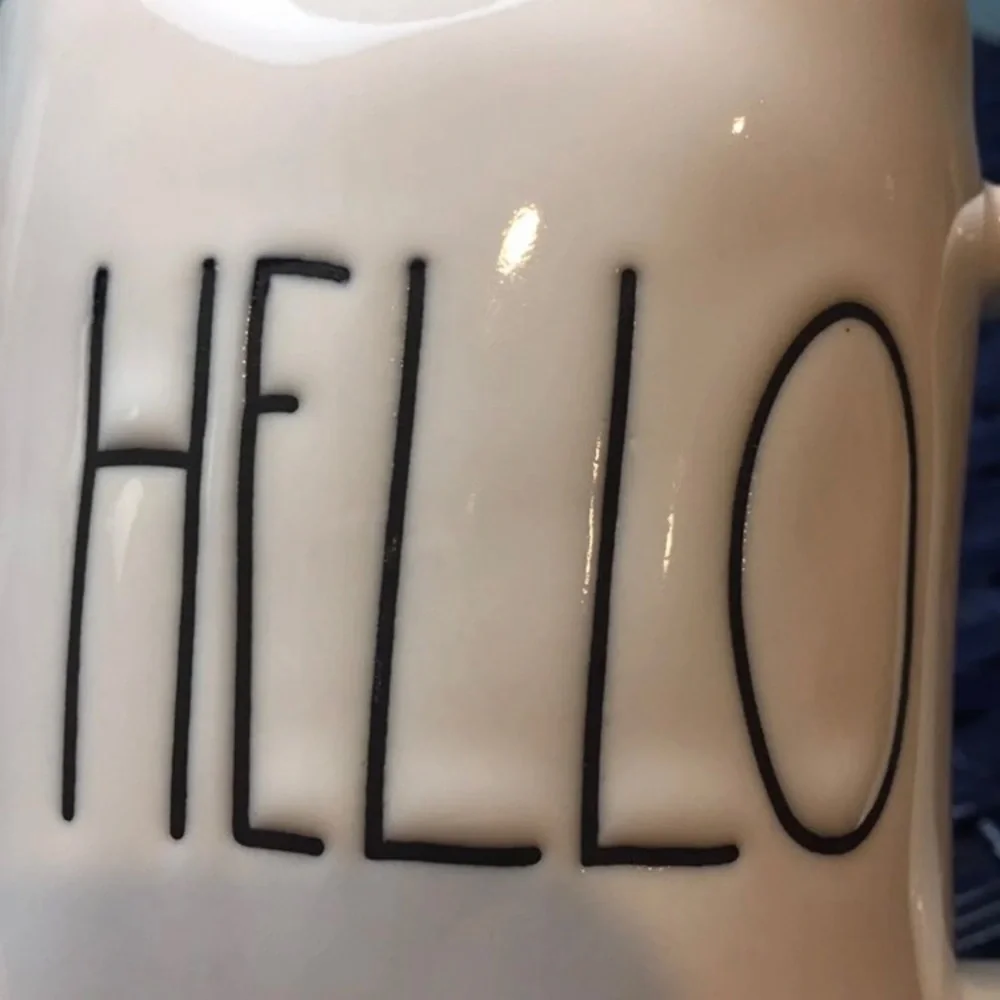 Rae Dunn Hello Mug NWT Coffee Tea ceramic blue white black